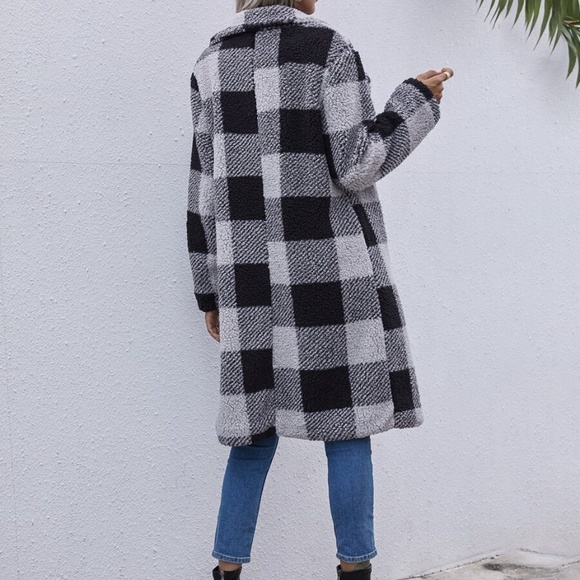 buffalo plaid black grey teddy trench coat jacket - Picture 5 of 7